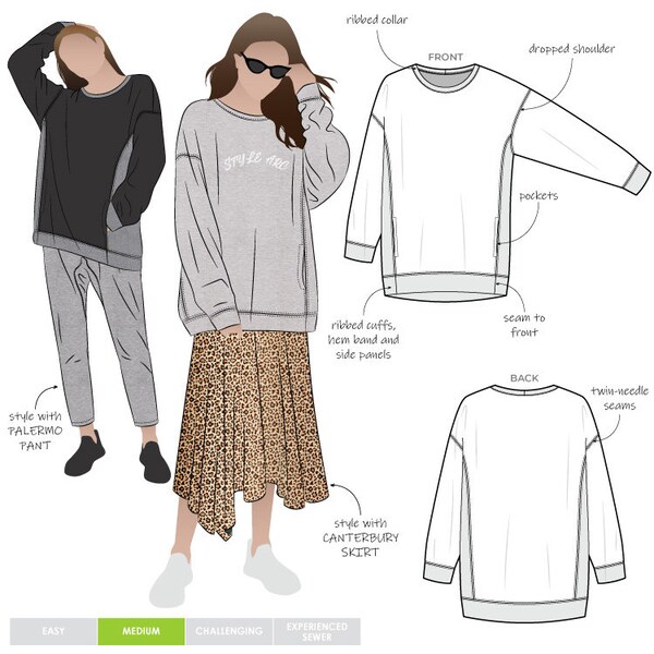 Sizes 10, 12, 14  Fenix Sweatshirt - PDF patterns for printing at home by Style Arc  - No paper patterns will be posted