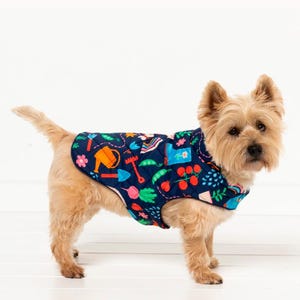Puede incluir: Un perro pequeño de color marrón claro que lleva un chaleco acolchado azul para perros con un estampado de jardín colorido. El chaleco presenta imágenes de flores, verduras, herramientas de jardinería y gotas de lluvia.