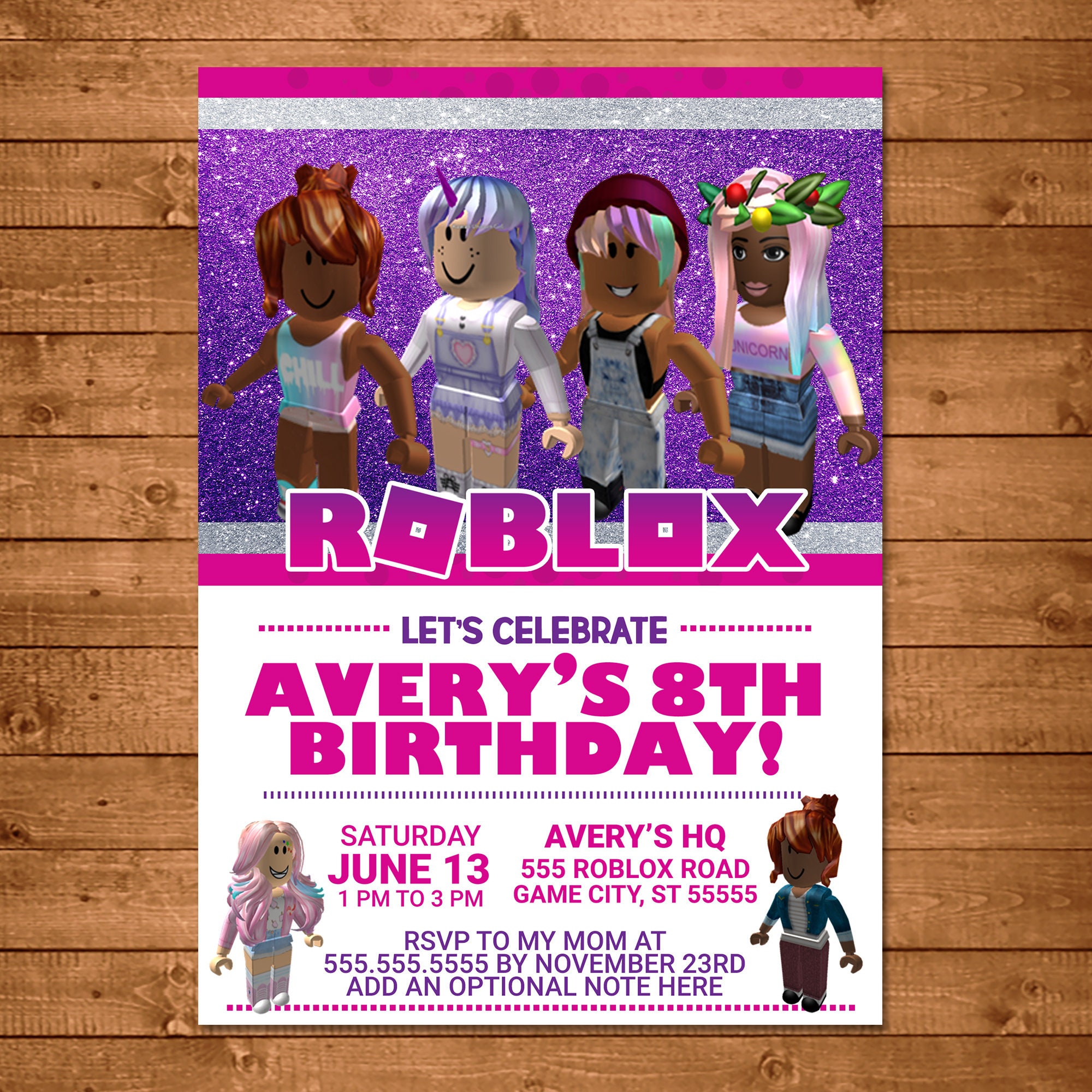 Girl Roblox Birthday Invitation Pink Roblox Invite Roblox Etsy - roblox pink