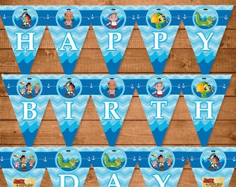 Jake and the Neverland Pirates Printable Banner Blue Chevron - Neverland Pirates Birthday Party Banner -- JNLP Banner