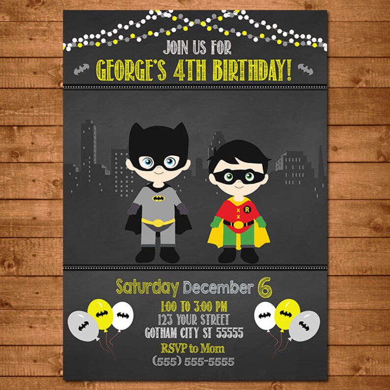 Batman Robin Superhero Invitation Chalkboard Theme Batman Etsy