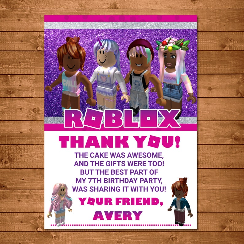 girl roblox thank you card pink roblox birthday roblox etsy