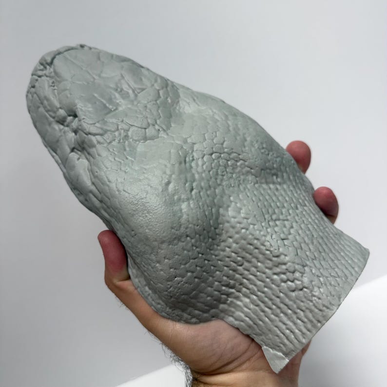 May include: A gray, three-dimensional sculpture of a snake head featuring highly detailed, realistic scale patterns across the entire surface. The object is rendered in a solid, matte gray material with a textured finish that mimics reptilian skin.