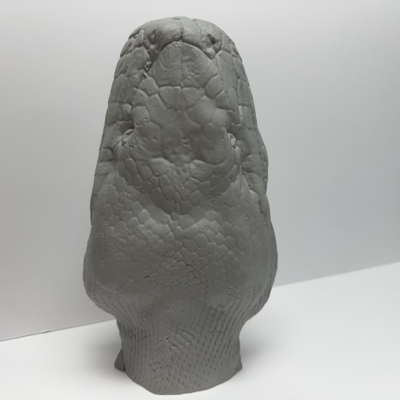 May include: A monochromatic gray sculpture of a snake head, featuring highly detailed, raised scale patterns across the entire surface. The sculpture is oriented vertically, showcasing the anatomical structure of the snout, eyes, and jawline.