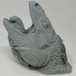 Puede incluir: Una escultura gris detallada de la cabeza de una iguana con la boca abierta, revelando el interior texturizado. La escultura muestra escamas intrincadas y detalles de la piel, capturando las características del reptil. El ojo de la iguana es visible, añadiendo realismo.