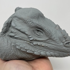 Pode incluir: Uma escultura detalhada de argila cinza de uma cabeça de lagarto. A escultura tem escamas texturizadas e um olho realista.