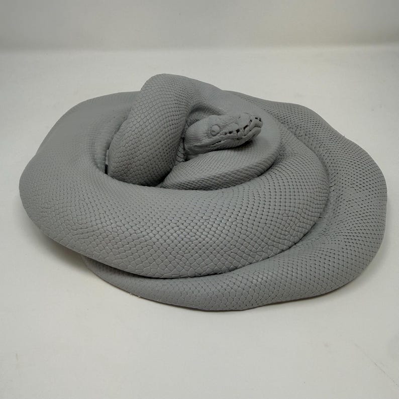Pu&ograve; includere: Una scultura grigio tinta unita di un serpente avvolto su se stesso con un motivo a squame dettagliato e strutturato che copre l'intero corpo. Il serpente &egrave; posizionato in un cerchio stretto con la testa appoggiata sul corpo, rivolta verso destra.