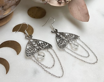 Moth Clear Quartz Earrings, Clear Quartz Earrings, Clear Quartz Jewelry, Moth Earrings, Moths, Witchy Jewelry, Witchy Earrings,