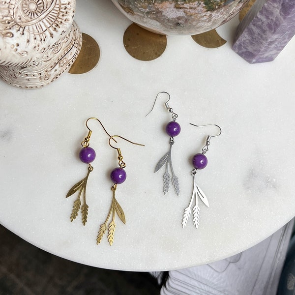 Phosphosiderite Lavender Herb Crystal Earrings, Phosphosiderite Earrings, Phosphosiderite Jewelry, Plant Earrings, Plant Jewelry,