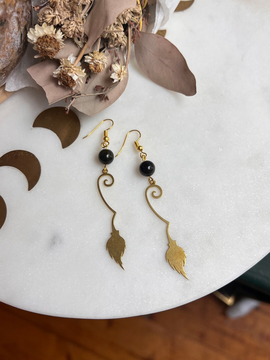 Gold Sheen Obsidian Witches Broom Earrings, Witchy Earrings, Halloween