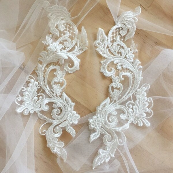 A pair of Handmade Material, Wedding Dress  Decoration, Off White Applique, Bridal Headdress, Lace Applique