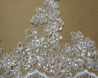 Off-white Bridal Lace trim, Alencon Lace Trim with Silver Paillette, wedding lace, trim lace, scalloped lace trim