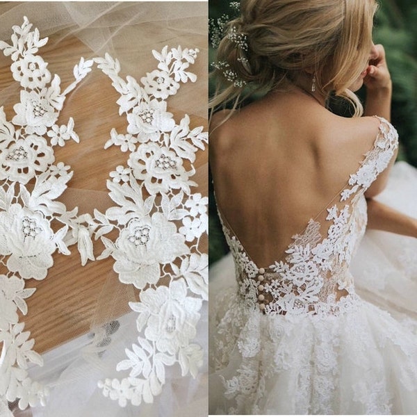A pair of Handmade Material, Wedding Dress  Decoration, off-white Applique, Bridal Headdress, Lace Applique