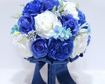 Blue Wedding Bouquet with beautiful and romantic artificial flowers 25cm diameter