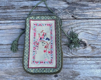 Sweet Vintage Embroiled Cross-body Pouch in Olive Green Silk