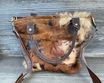 Vintage Handmade One of A Kind Cowhide Top Handled Cross Body Handbag