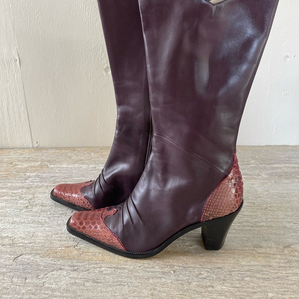 Vintage Western Style Inspired Dressy High Heel Boots In Lavender Purple All Leather and Python Made in Italy
