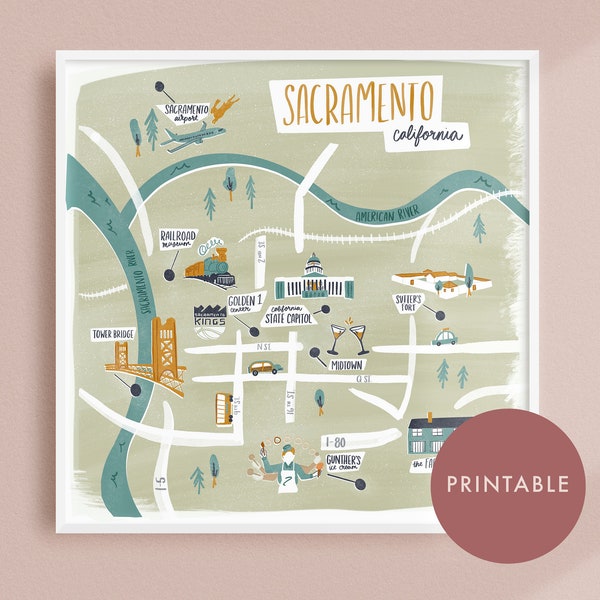 Sacramento Illustrated Map- Instant Digital Download