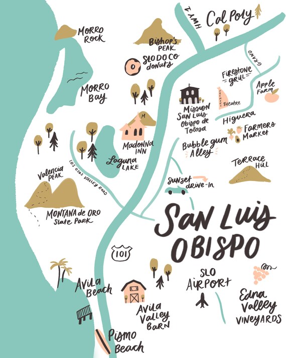 San Luis Obispo Slo Colorful Cute Map Art Print Instant Etsy