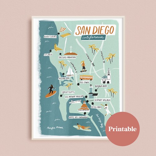 San Diego Illustrated Map Printable - Etsy