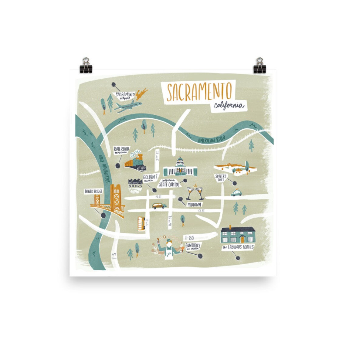 Sacramento Illustrated Map Art Print - Etsy