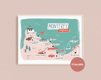 Monterey California Colorido, lindo mapa arte impresión- instantánea descarga imprimible