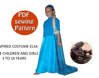 Patron de couture PDF inspiré de Elsa Reine des Neiges pour fillette et adolescente 3-16 ans (robe chandail traîne), téléchargement immédiat