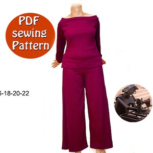 Peut inclure: Patron de couture PDF pour un haut et un pantalon large bordeaux. Le patron est disponible dans les tailles 16-18-20-22.