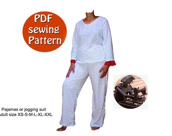 Women's pajamas or jogging suit PDF pattern, Small medium large & plus size, Instant download style sewing pattern DIY, Canadian Etsy seller