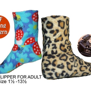May include: Two pairs of fleece slipper sewing patterns. One pattern is blue with red and yellow flowers and the other is brown with black spots. The patterns are for adult sizes 1 1/2 to 13 1/2.