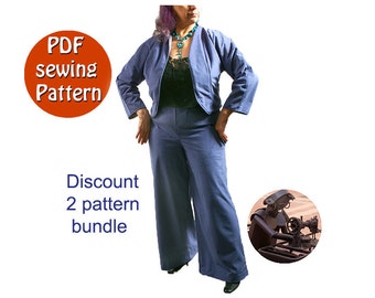 Discount 2 sewing patterns bundle PDF style, Jacket and empire waist pants for women Sizes 6-12 (40-46), DIY Instant download, Canada