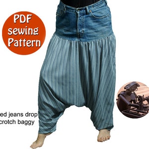 May include: A PDF sewing pattern for recycled jeans drop crotch baggy pants. The pattern shows a person wearing the pants, which are blue with white stripes.