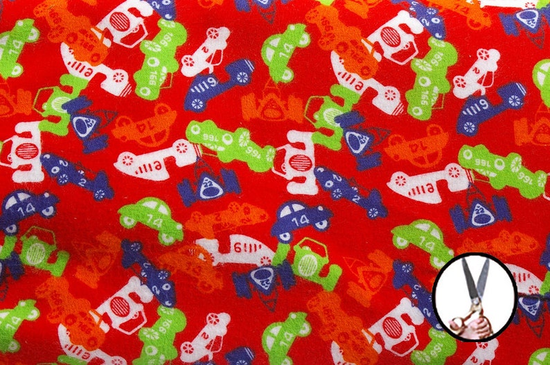 Printed flannel fabrics by the yard BTY 45'', Race cars Red background 100% coton, Create clothing underwear & bedding for kids, Canada image 1