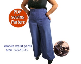 Empire waist pants pattern for women, Instant download PDF style sewing pattern, Sizes 6 8 10 12, DIY, Canadian Etsy seller