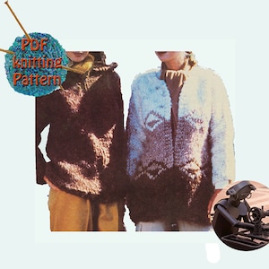 May include: Two women wearing knitted sweaters. The sweater on the left is brown and the sweater on the right is white with a geometric pattern. The text "PDF knitting Pattern" is on a blue ball of yarn.