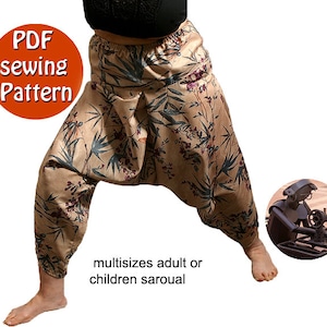 May include: PDF sewing pattern for multi-sized adult or children saroual pants. The pattern features a floral print with brown, green, and pink colors.