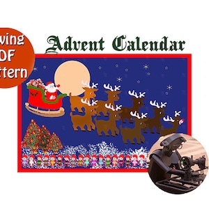 May include: A sewing pattern for an Advent calendar featuring Santa Claus in a red sleigh pulled by reindeer flying through a starry night sky. The pattern includes a moon, Christmas trees, and a line of small figures.