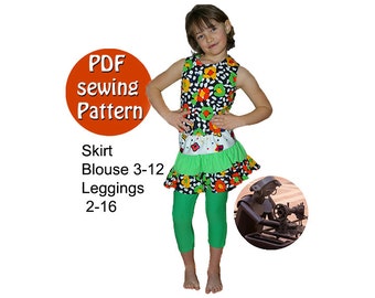 Patron de couture PDF, Blouse réversible jupe à volants & legging moulant extensible pour fille, Téléchargement immédiat, Toutes les tailles