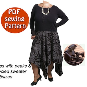 May include: PDF sewing pattern for a dress with peaks and a recycled sweater. The dress is black with a floral print skirt and has a long sleeve top. The pattern is available in multiple sizes.