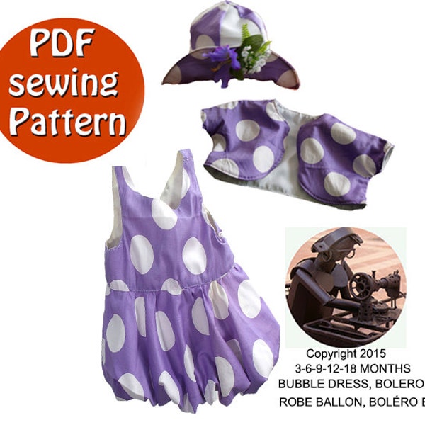 Little girl's bubble dress bolero shrug & hat PDF sewing pattern, Instant download, DIY for toddlers, Sizes 3-18 months, Capsule wardrobe