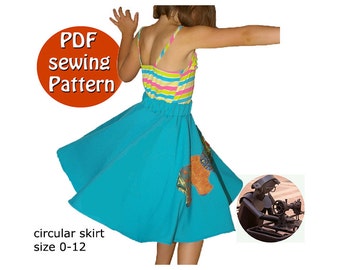Patron de couture PDF, Jupe circulaire fillette 0-12 ans Avec modèles d'appliqués inclus, Téléchargement immédiat, Fait au Canada