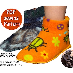 May include: PDF sewing pattern for children's slippers. The pattern is for sizes 1 to 7 years old, or European sizes 23-31, and US children sizes 6 1/2 - 13. The image shows two pairs of slippers, one with a tie-dye pattern and the other with a bright orange background and colorful flowers and bugs.