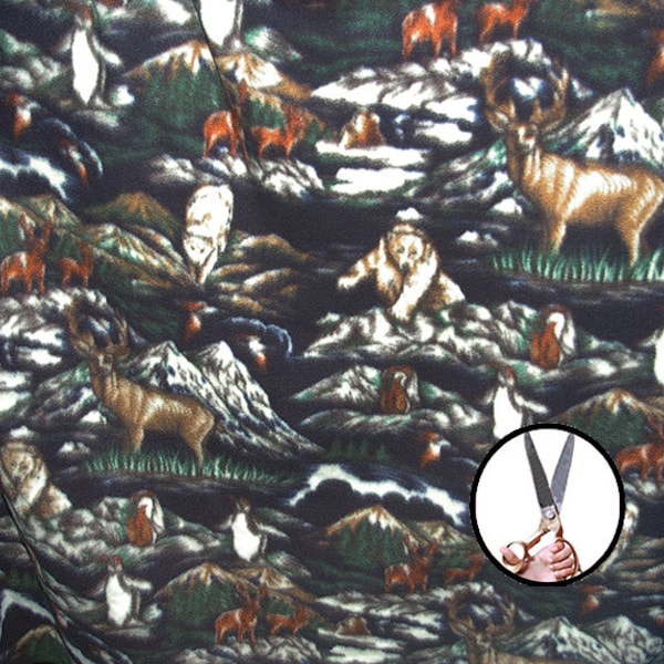 Printed polar fleece sold by the yard, 60'', Wild animals (deer bear wolves pengouin), Create sleepwear loungewear or sportwear clothing