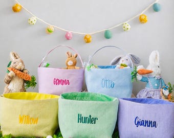 Personalized Seersucker Easter Basket, Embroidered Name, Kids Egg Hunt