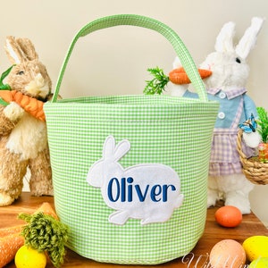 Personalized Easter Basket Gingham Bunny Easter Basket Embroidered Name Easter Basket Kids Easter Basket