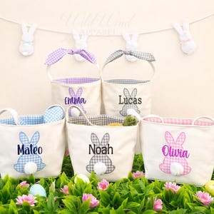 Personalized Gingham Baby Easter Basket, Embroidered Name Bunny Basket, Toddler Egg Hunt