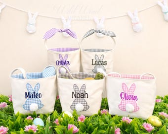 Personalized Gingham Baby Easter Basket, Embroidered Name Bunny Basket, Toddler Egg Hunt