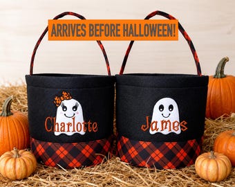 Personalized Halloween Ghost Bucket, Embroidered Trick or Treat Bag