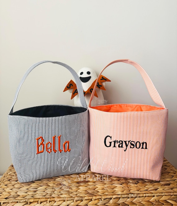 Personalized Seersucker Halloween Basket, Embroidered Trick-or-Treat Bucket