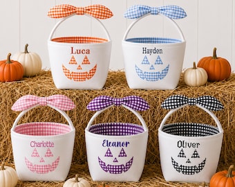 Personalized Gingham Baby Halloween  Basket, Embroidered Name Pumpkin Basket, Toddler Trick Or Treat